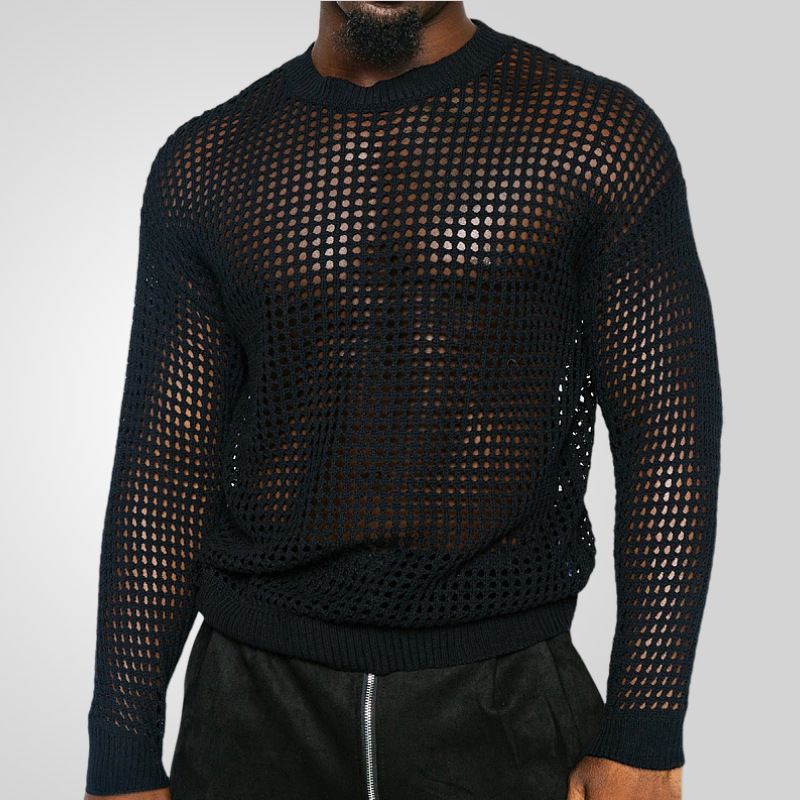 Men's sexy hollow out men's knitted versatile style round neck pullover thin sweater SY0118_voghion.com