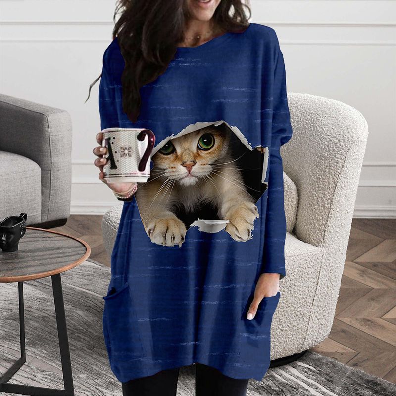 Damenbekleidung, Rundhalsausschnitt, süße Katze, mittelgroß, lockeres Kleid_voghion.com