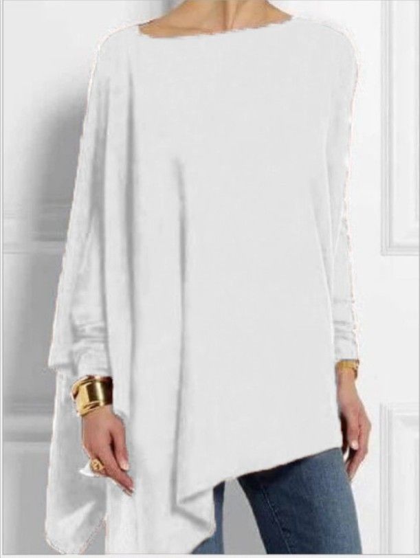 T-shirt pullover casual a maniche lunghe tinta unita irregolare da donna_voghion.com