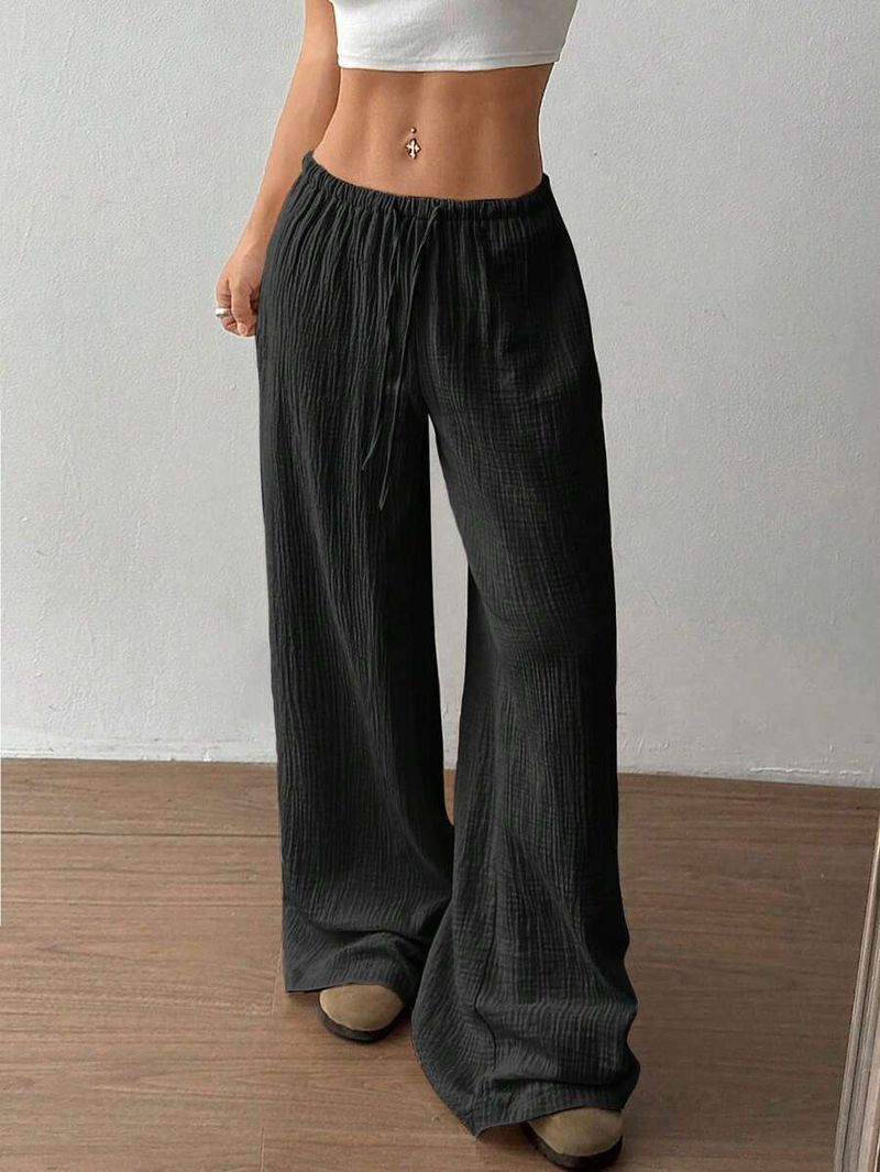 Elegant High-Waisted Wide-Leg Pants For Women - Soft Cotton Stretch Comfortable Casual Trousers With Drawstring Waist_voghion.com