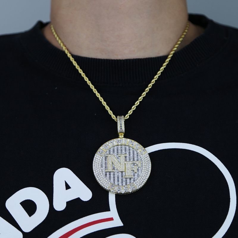 Colar com pingente de letra NF para joias masculinas com pedras CZ, estilo hip hop de rua, corrente de 60 cm (prata/ouro), joias personalizadas_voghion.com