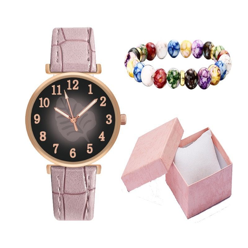 Women's Watches Fashion Digital Face Leather Quartz Watch Women Popular Simple Casual Leaf Pattern Wrist Watch + Bracelet Set_voghion.com