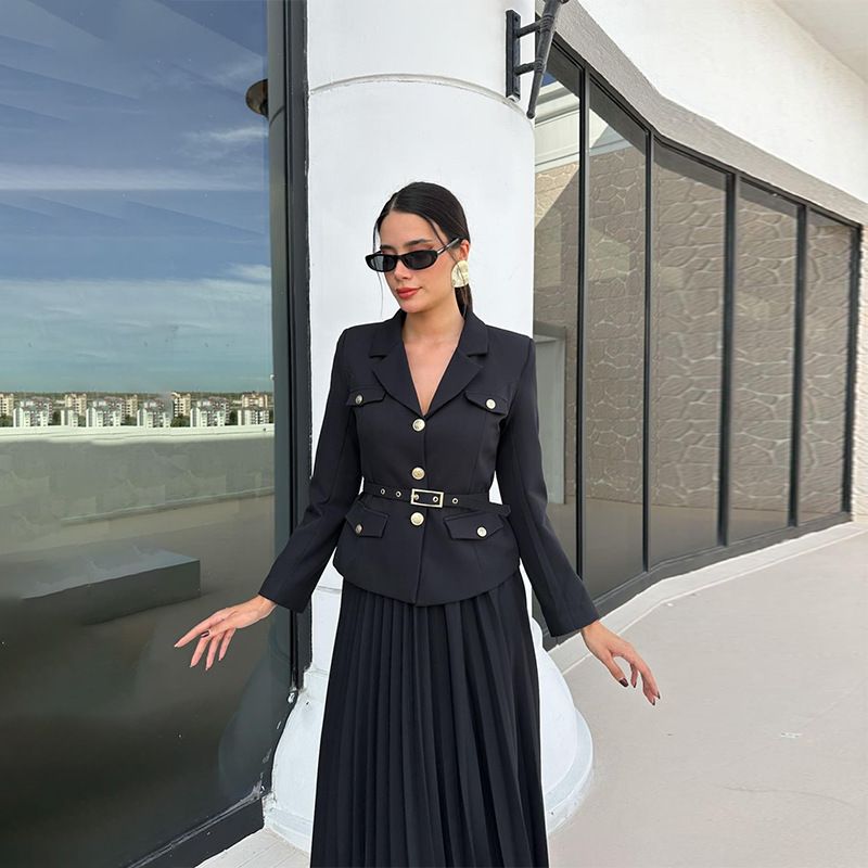 Frauen Kleidung neue Französisch mode temperament v-ausschnitt anzug set plissee rock_voghion.com