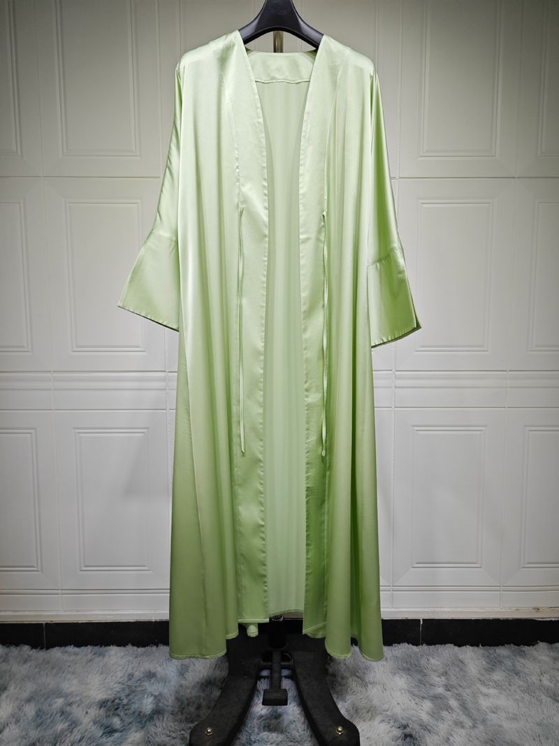 Femei musulmane halat de baie rochie de seară satinată moale cu deschidere frontală halat Abaya culoare solidă_voghion.com