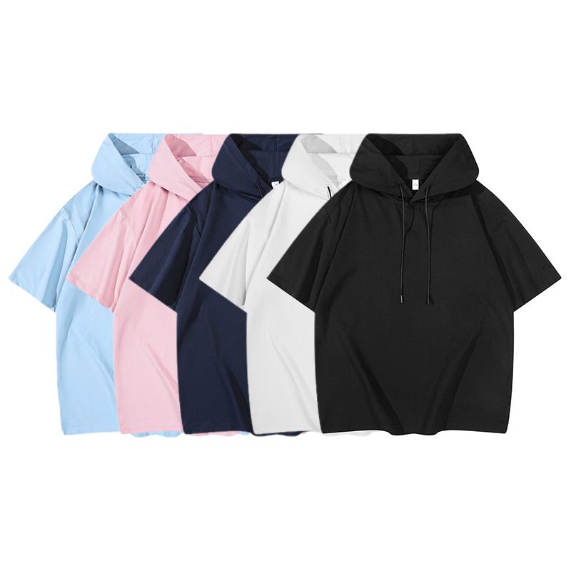 Solid Color Summer Basic Loose Casual T-Shirt With Customizable Pattern Hooded Short Sleeves_voghion.com