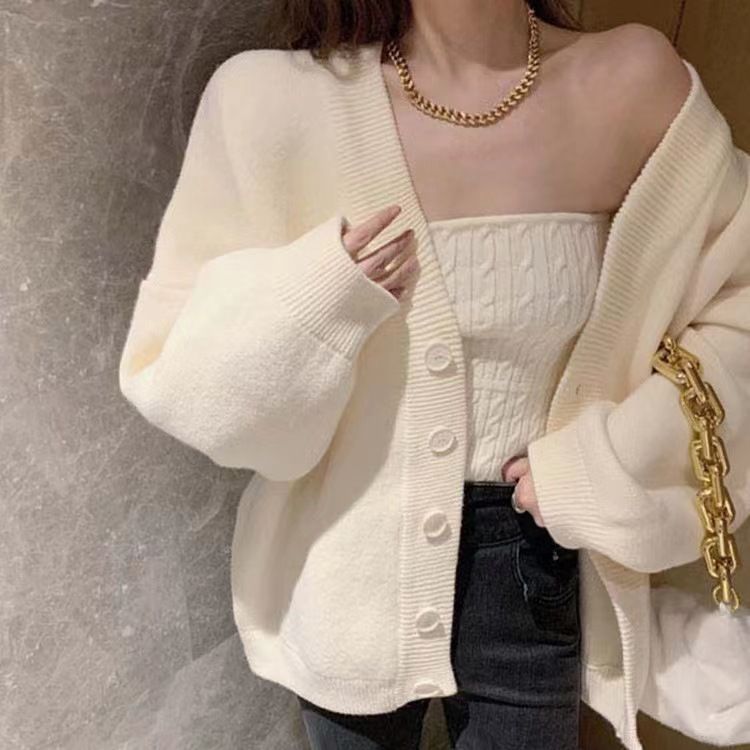 Puro desiderio pigro petto avvolto maglione cardigan donna 2024 autunno e inverno sciolto spesso caldo temperamento scollo a V_voghion.com