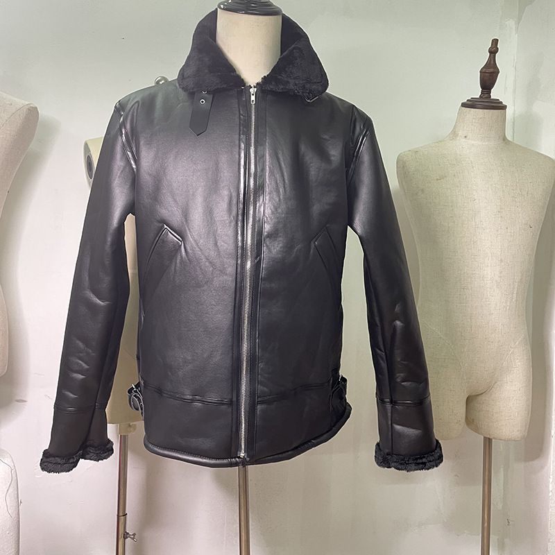 Men's Shearling-Lined Leather Coat With Wide Lapel - Premium Winter Overcoat, Luxurious Faux Fur Outerwear_voghion.com