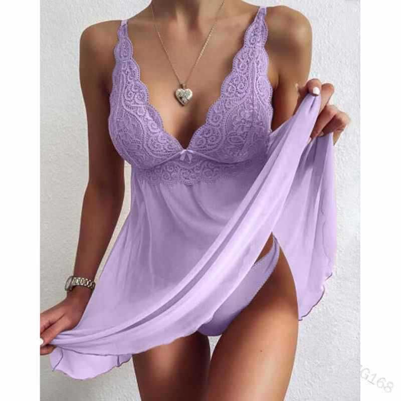 Camicia da notte in pizzo trasparente da donna – Completo intimo babydoll senza maniche elegante e sexy in 6 colori (nero/rosso/viola/rosa/bianco/giallo)_voghion.com