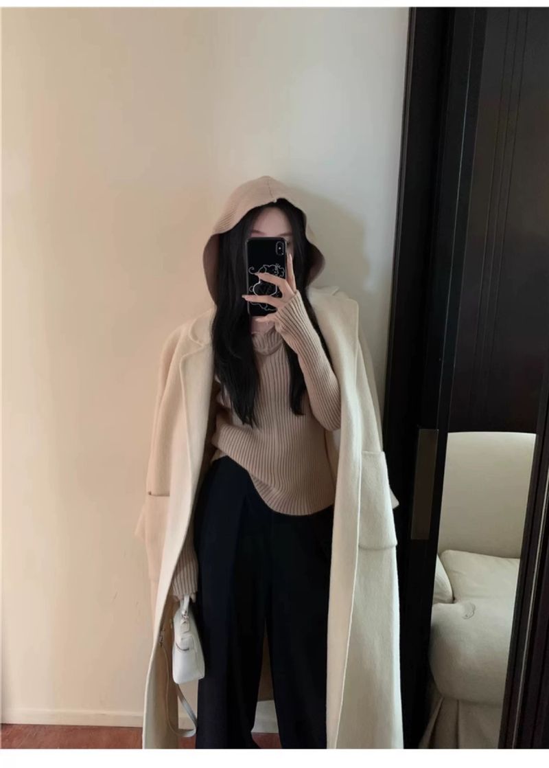 100 % Wolle, gestricktes Kapuzen-Sweatshirt für Damen, Oberbekleidungspullover, vielseitiges Slimming-Herbst-Winter-Neues Basishemd_voghion.com