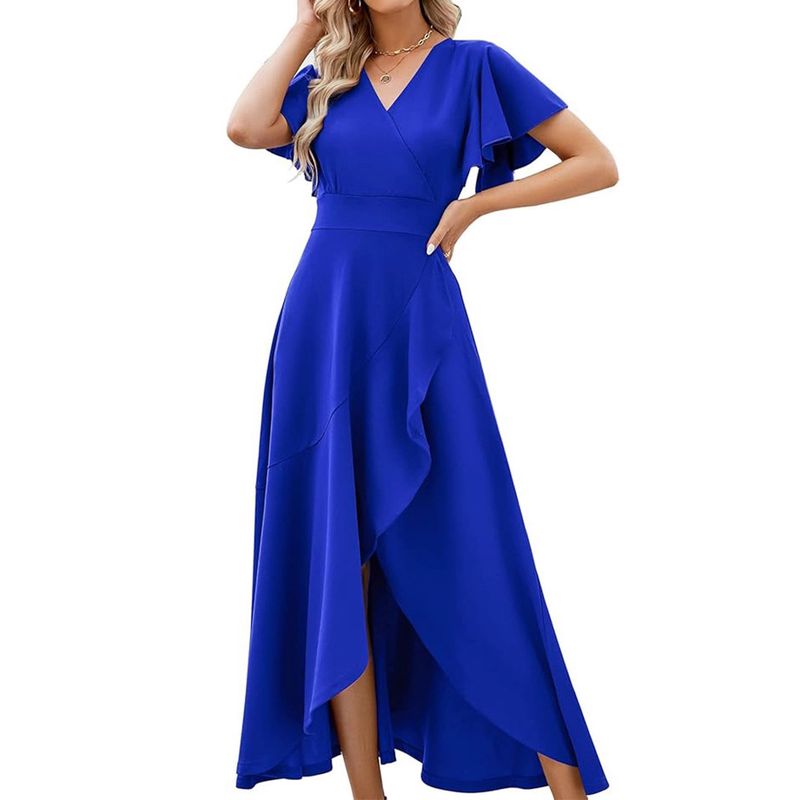2025 Damen Rüschenärmel V-Ausschnitt Elegantes Abendkleid Frühling Sommer Polyester_voghion.com