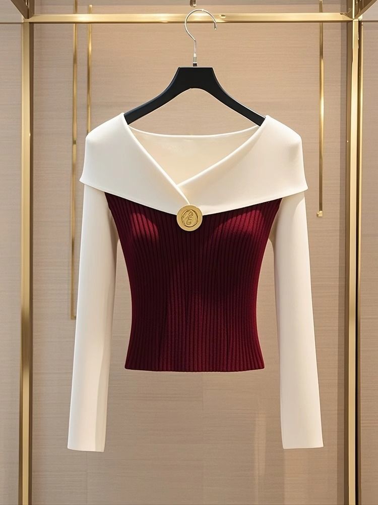 Îmbrăcăminte pentru femei, cu un umăr, populară, în culori contrastante roșii și albe, tricotată, cu design de înaltă calitate, pulover_voghion.com