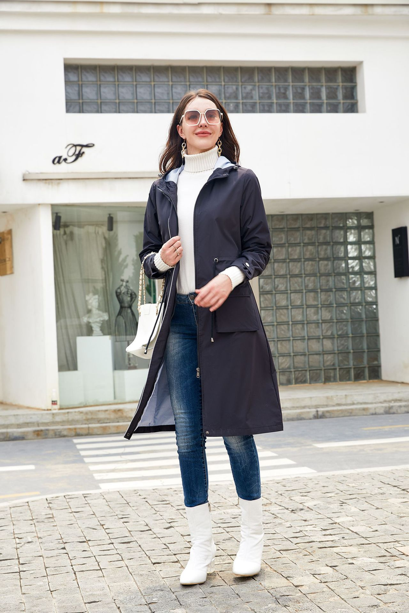 Trench casual da donna K Long con cappuccio, impermeabile, tinta unita con fodera a righe, cappotto dritto._voghion.com