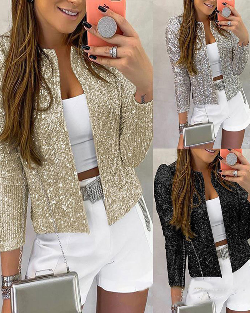Women's Clothing Women's Fashion Stand up Collar Solid Color Sequined Jacket Short Casual All match Small Jacket_voghion.com