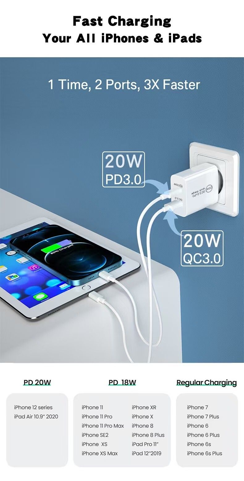 For IPhone 15 14 13 12 11 Pro Max X Fast 20W USB C PD Plug Charger Adapter Cable_voghion.com