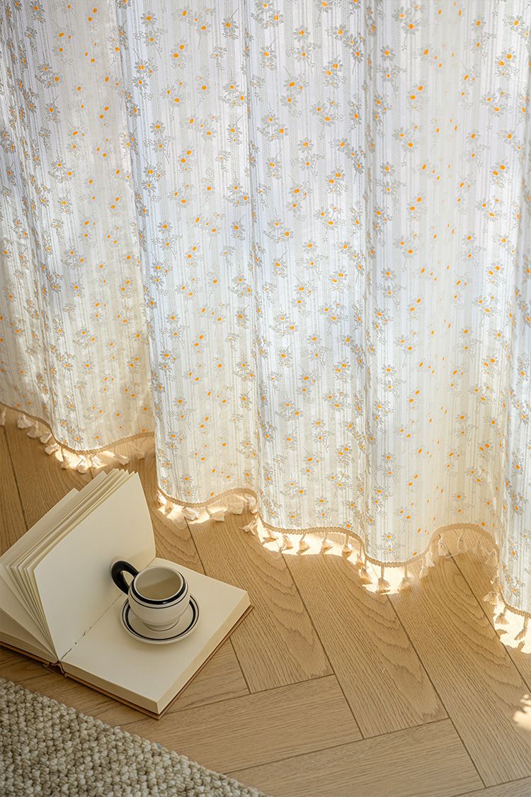 Cortinas de algodón semitransparentes de estilo japonés, sin perforaciones, con ganchos y ojales, con estampado floral bohemio y garabatos para sala de estar y dormitorio._voghion.com