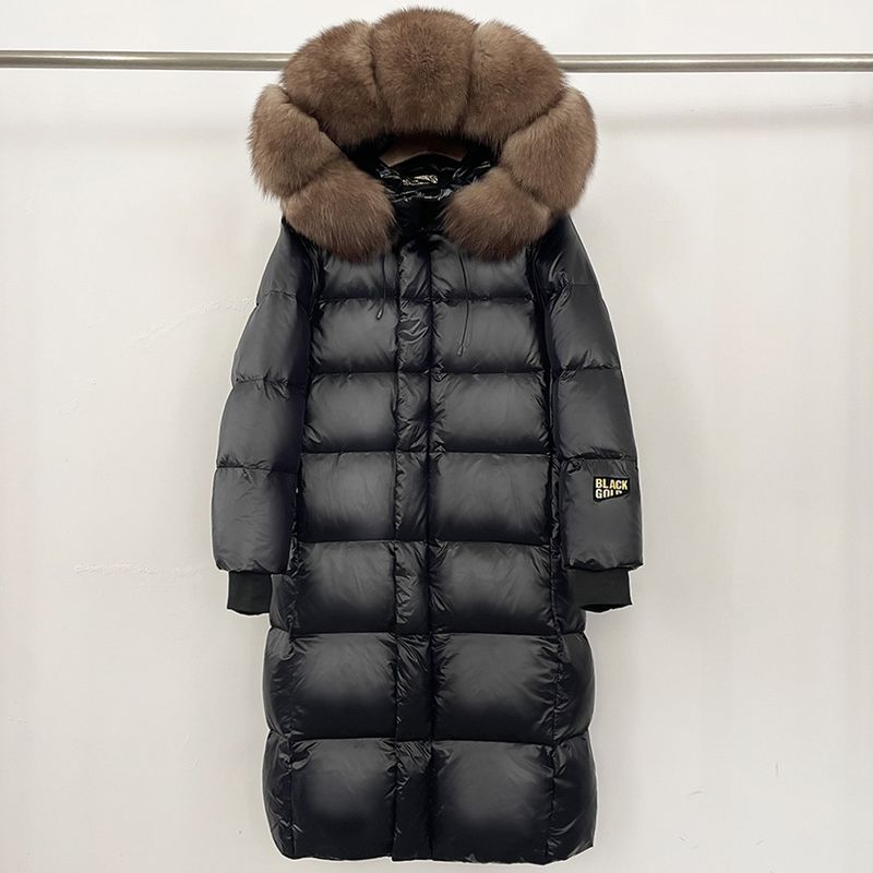 Abbigliamento da donna Giacca lunga con cappuccio e finiture in pelliccia di volpe, 90% piumino d'oca, nylon impermeabile, elegante e caldo cappotto invernale_voghion.com