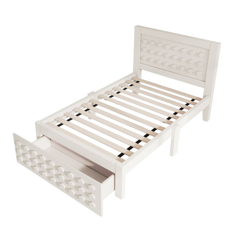 Holzbett 90x190cm Mit Blockdesign, Massivholz, Schubladen, Stauraum, Blanc_voghion.com