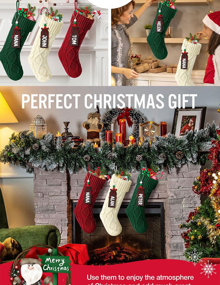 Gezellige gebreide kerstsokken met houten kralenlabels - feestelijke decoratie voor de open haard, kerstboom en cadeauzakjes (groen/rood/wit 32 cm)_voghion.com
