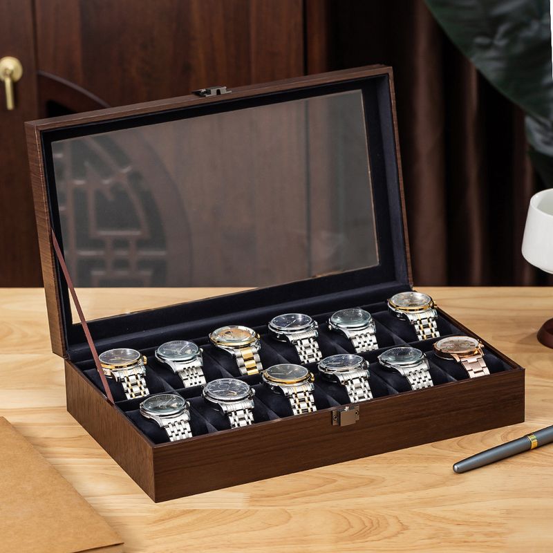 Hem Förvaring Ny Watch Box Valnöt Grain Watch Smyckeskrin Solglasögon Klocka Förvaringsbox_voghion.com