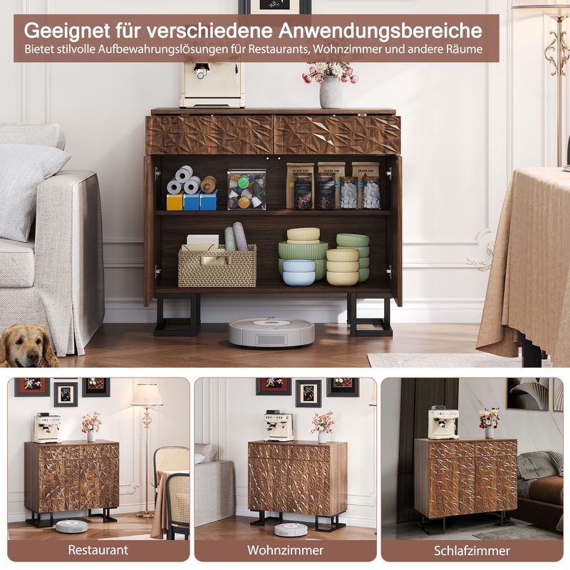 Credenza Kommode 80x78cm Walnussoptik Mit Blattrelief, 2 Schubladen & 2 Türen, Metallbeine_voghion.com