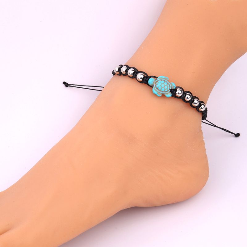 New Handmade Woven Korean Wax Thread Beaded Adjustable Turquoise Turtle Beach Anklet For Women_voghion.com