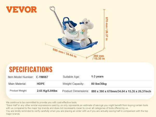 VEVOR 4 In 1 Rocking Horse For Toddlers 1-3 Years, Baby Rocking Horse With Detachable Balance Board, Push Handle And 4 Smooth Wheels, Support Up To HDPE 80 Lbs Kids Ride On Toy With Sound, Blue_voghion.com
