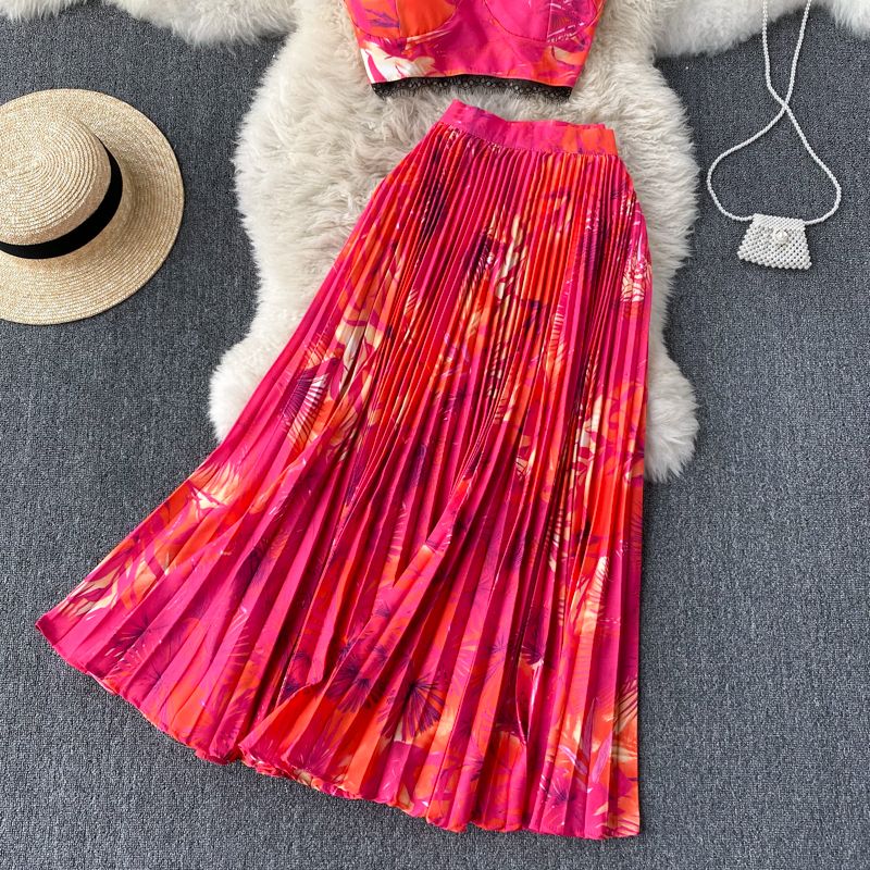 Naisterõivad pühade stiilis ülikonna disainiga pitsist topp, lühike topp, kõrge vöökohaga volditud seelik, trendikas_voghion.com