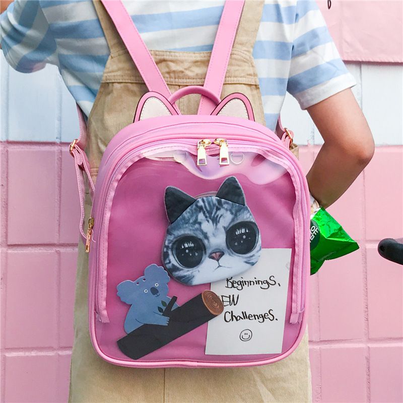 Zaini in pelle con orecchie di gatto adorabili Borsa trasparente color caramello Borse a tracolla da donna Zaino da viaggio per ragazze adolescenti_voghion.com