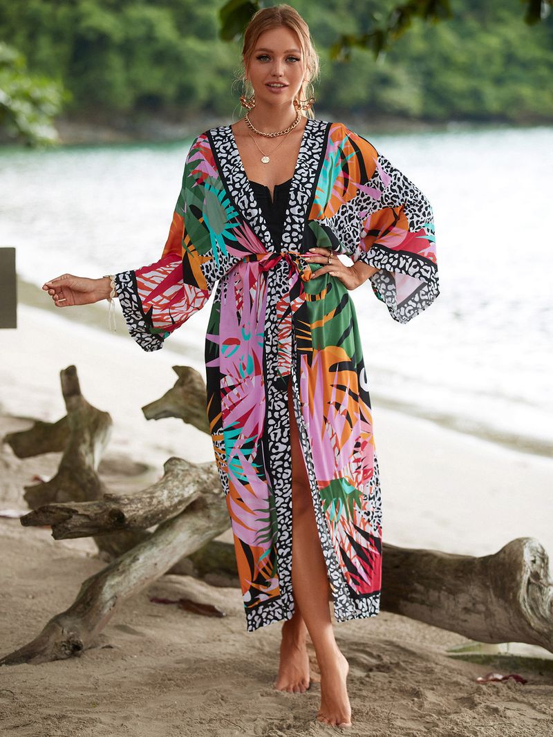 Women's Beach cover-up rayon positioning printed cardigan holiday sun protection shirt _voghion.com