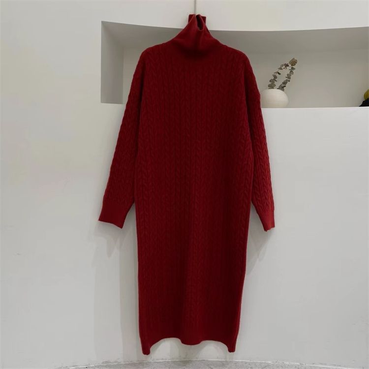 Maglione lungo sopra il ginocchio alla moda, stile coreano, con collo alto e trecce, per donna_voghion.com