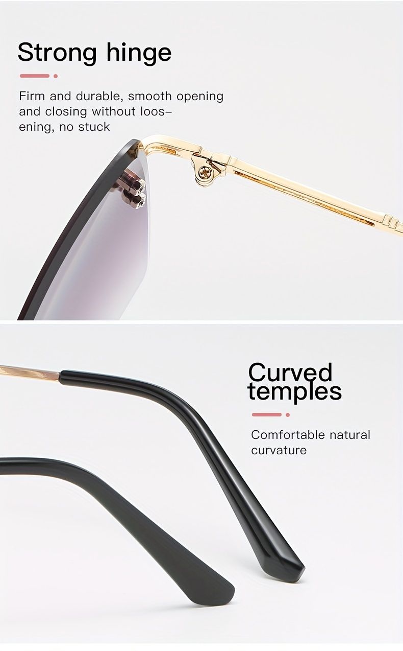 Large rimless women gradient lenses, fashionable sungla with hollowed temples for holidays, beach party, fashion_voghion.com