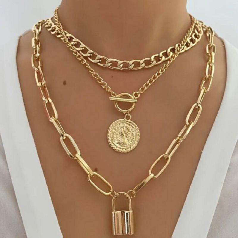 Selling Hot Hip-Hop Cuban Set Light Luxury Temperament Relief Round Pendant OT Buckle Three-Layer Necklace_voghion.com
