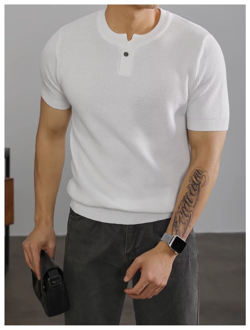 Herrenbekleidung Muster Textur Lässiges T-Shirt mit einfachem Kragen Einfarbig Locker Vielseitiger Kurzarmpullover_voghion.com
