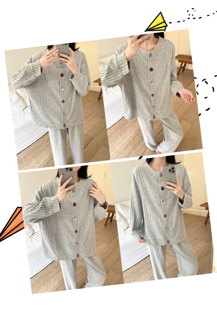 Pigiama in lana di pecora ChicShe per donna, cardigan con bottoni in colori caldi per autunno e inverno, manica lunga, dolce e semplice, casual, per la casa_voghion.com