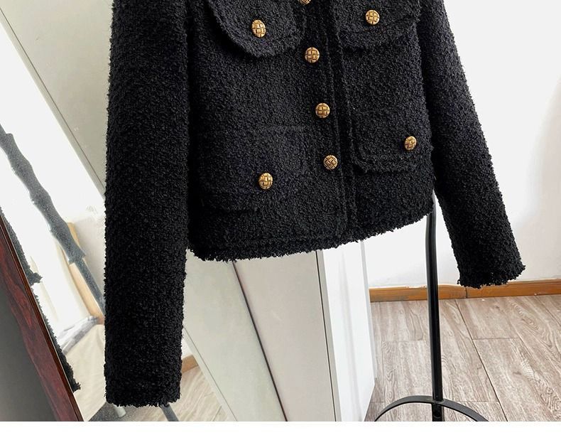 Elegante giacca corta in tweed nero da donna - Blazer corto in stile classico con maniche lunghe, scollo rotondo e bottoni (S/M/L/XL)_voghion.com