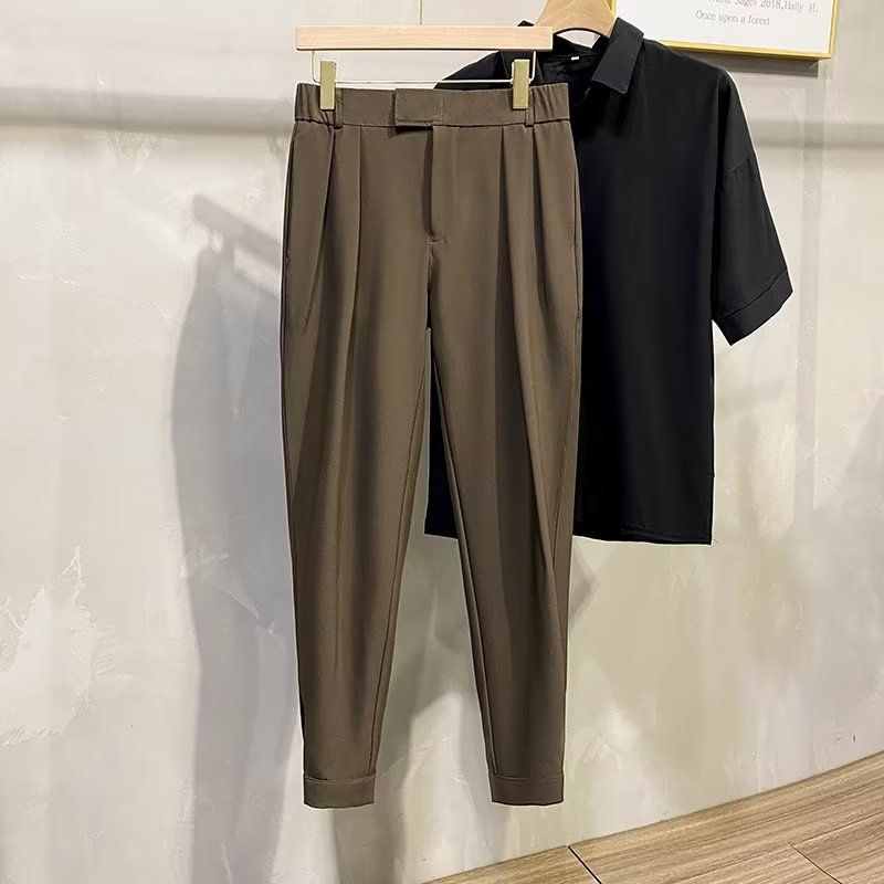Pendentif sentiment petit pantalon de costume jambe droite pour hommes version coréenne minimaliste coupe slim pantalon de costume haut de gamme avec taille semi-élastique effilée longue_voghion.com