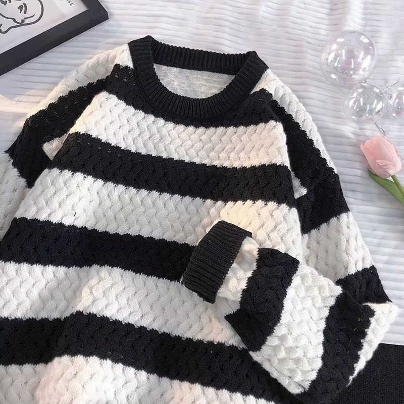 Gestreepte trui heren herfst Koreaanse stijl losse jas trendy merk winter kleurblok lange mouwen breiwerk_voghion.com