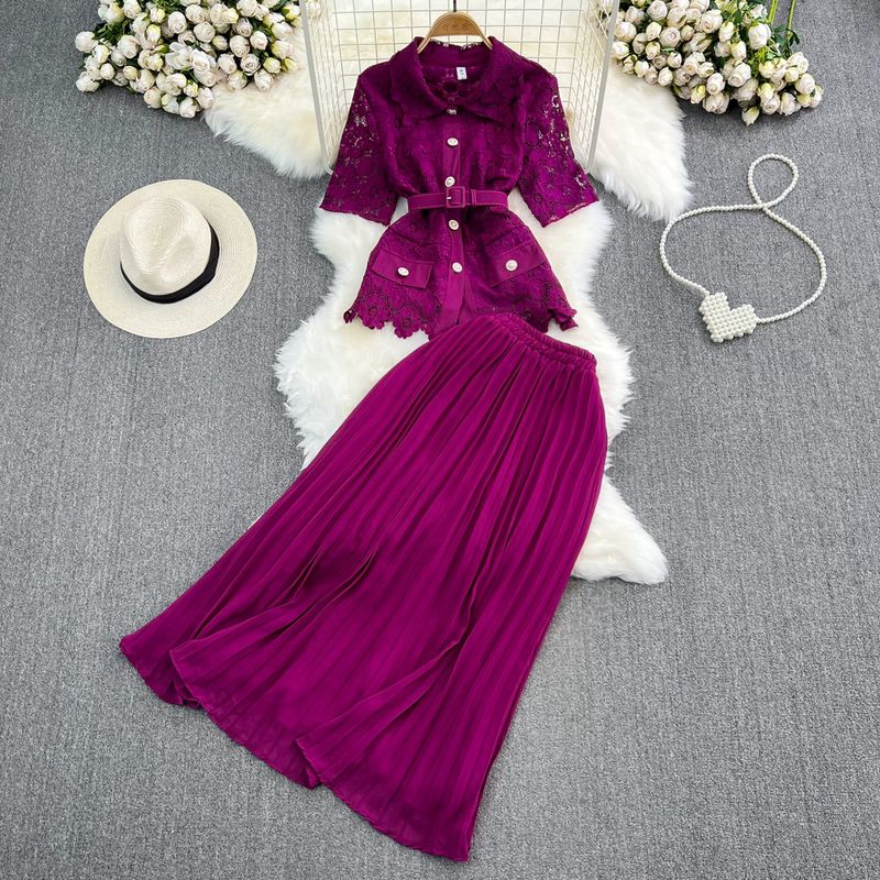 Women's light luxury lapel, loose single-breasted lace shirt, two-piece set, high-waist pleated skirt_voghion.com