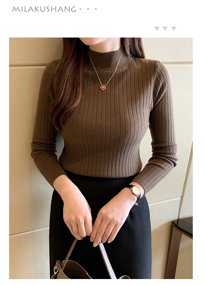 Autumn Winter New Women's Half-Polo Turtle Neck Knit Sweater Solid Color Base Layer Top Inner Outer Wear Stylish Medium Length_voghion.com