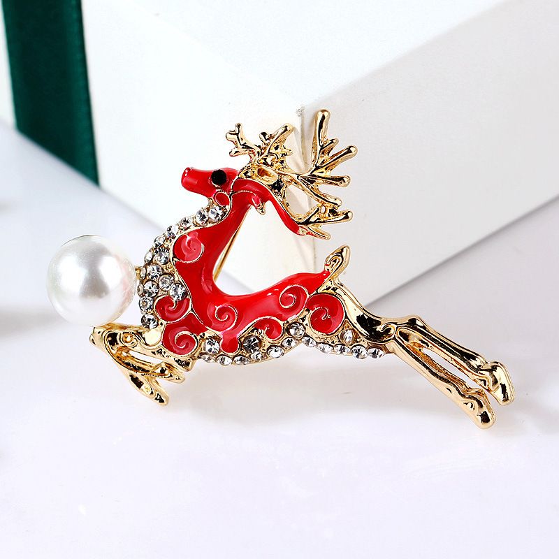 Korean version of the new Christmas oil drop alloy enamel rhinestone sika deer pearl brooch pin brooch female_voghion.com