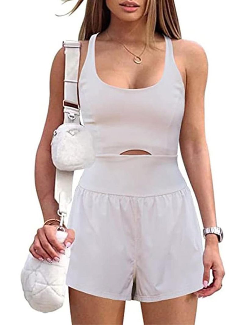 Tweedelige Illusion U-hals afslankende modieuze tanktop met aansluitende shorts, effen kleur, open rug, uitgeholde strakke romper voor dames_voghion.com