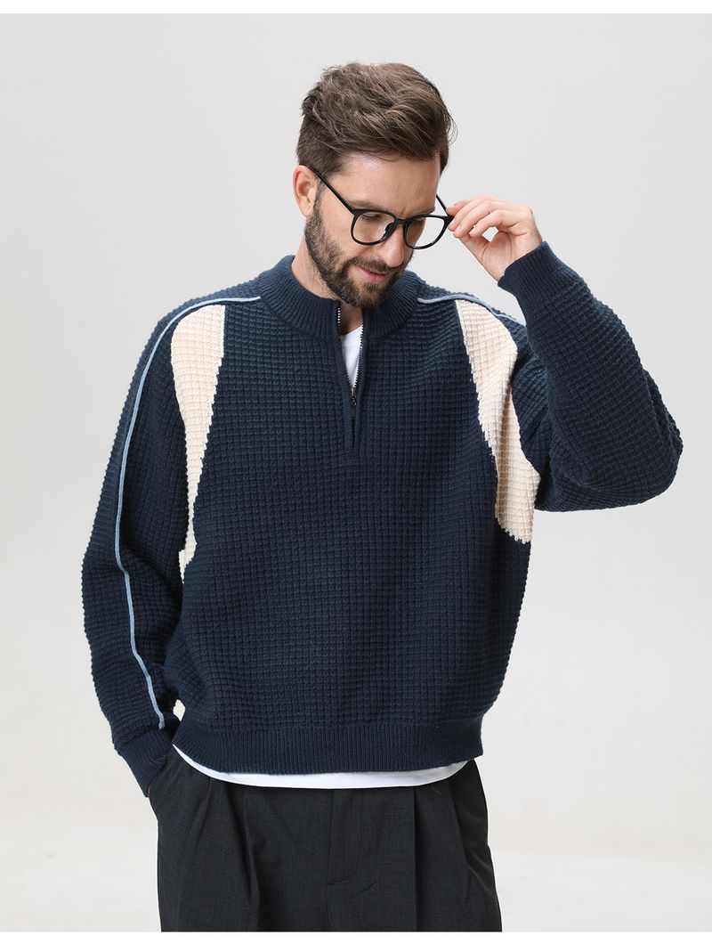 Maglione da uomo con mezza zip color-block – Pullover in maglia con trama a griglia e fodera in pile scamosciato sintetico (grigio kaki/grigio ghiaccio/blu navy)_voghion.com