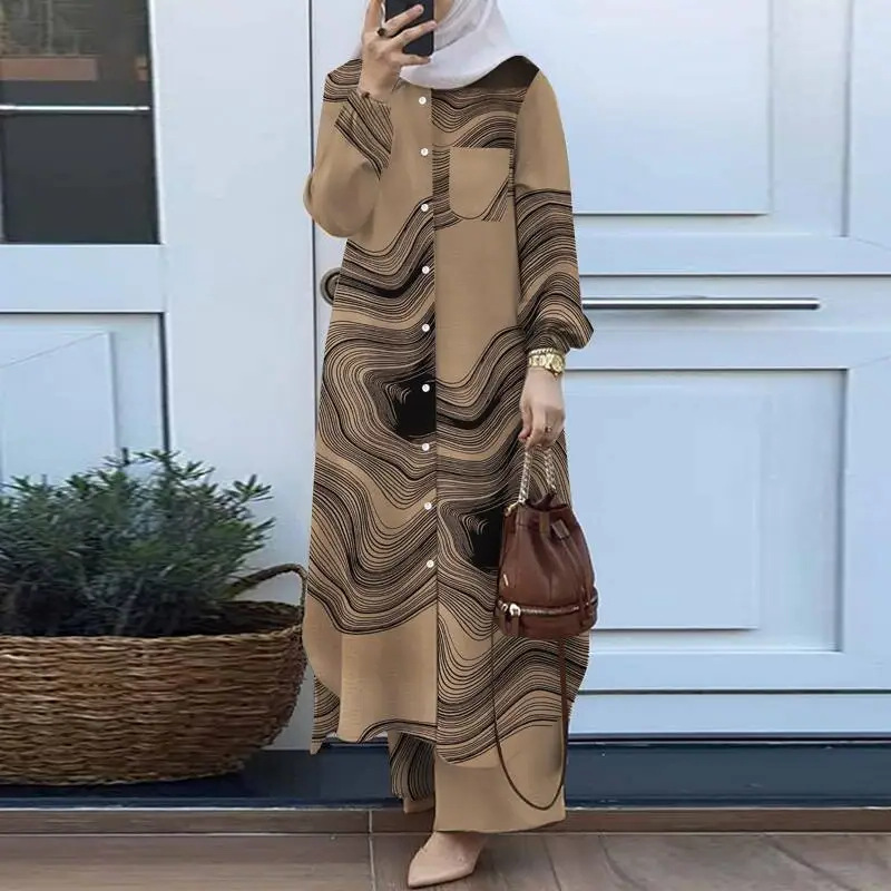 Traje de bata estampado a la moda para mujer, camisa y pantalones de manga larga con botones, traje de dos piezas_voghion.com