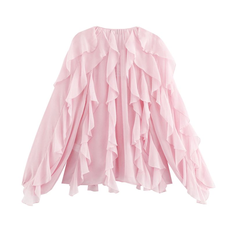 Camicia a tinta unita con decorazioni a strati, stile primaverile, per donna_voghion.com