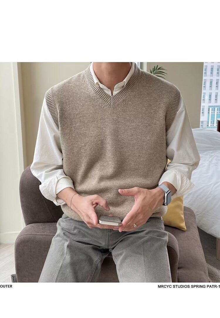 Maglione lavorato a maglia senza maniche, tinta unita, gilet da uomo, scollo a V, maglietta base alla moda_voghion.com