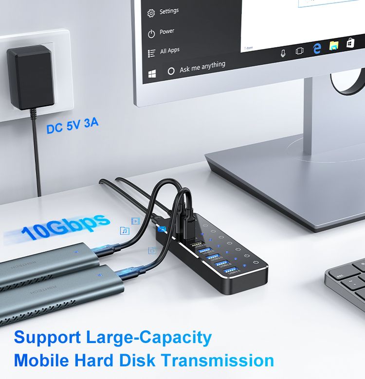 RSHTECH 7-Port Powered C Hub With 10Gbps USB-C 3.2 Ports Individual Touch Switches 5V/3A Pow Adapt Laptop USB_voghion.com