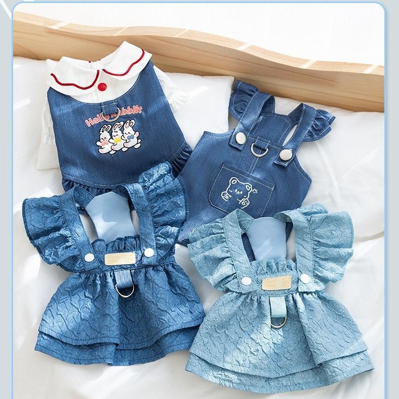 Einfache klassische Jeanskleidung, kleine Oberteile mit zwei Beinen, Röcke für Outdoor-Mode, Hundekleidung für Frühling und Sommer_voghion.com