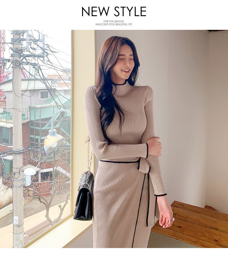 Elegante abito in maglia color block con collo alto ispirato alla Corea – Abito midi retrò con cintura autunno/inverno per donna (nero/kaki, S/M/L)_voghion.com