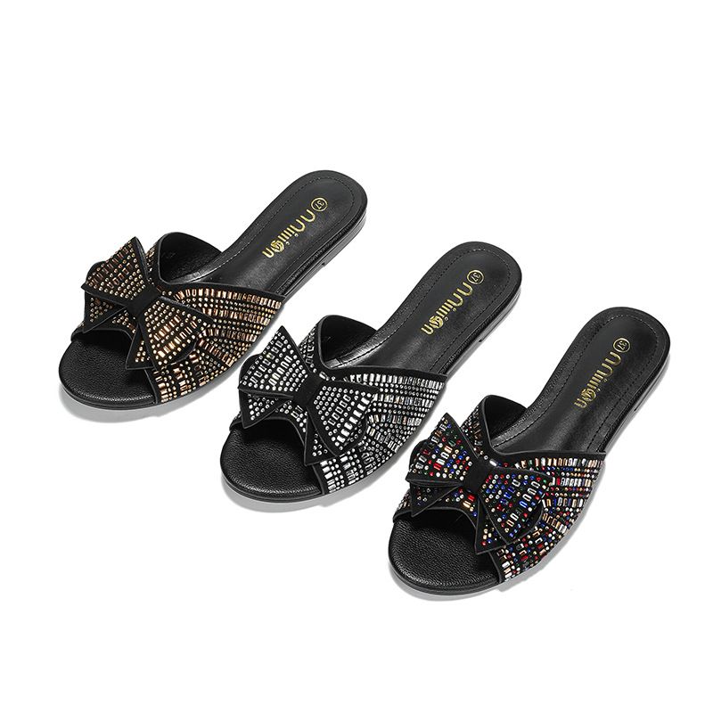 Damen-Hausschuhe Damen-Ballerinas Neue flache Slide-Sandalen für Damen mit Schleife und Strasssteinen Stilvolle Hausschuhe_voghion.com