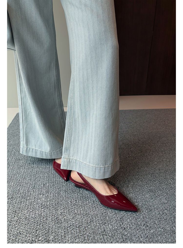 Lancui Nude Wedge Half Slippers For Women Summer Outdoor Patent Leather Chunky Heel Closed Toe Sandals Slim Pointed High_voghion.com